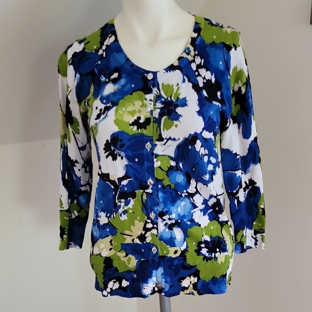 Josephine Studio 3/4 Sleeve Floral Cardigan In Green Blue White Black, Size S